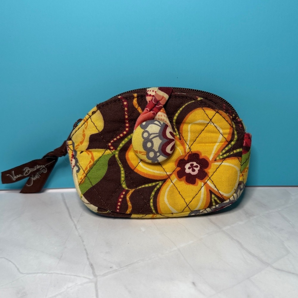 Vera Bradley Coin Purse Small Brown Yellow Buttercup Floral Zip Pouch